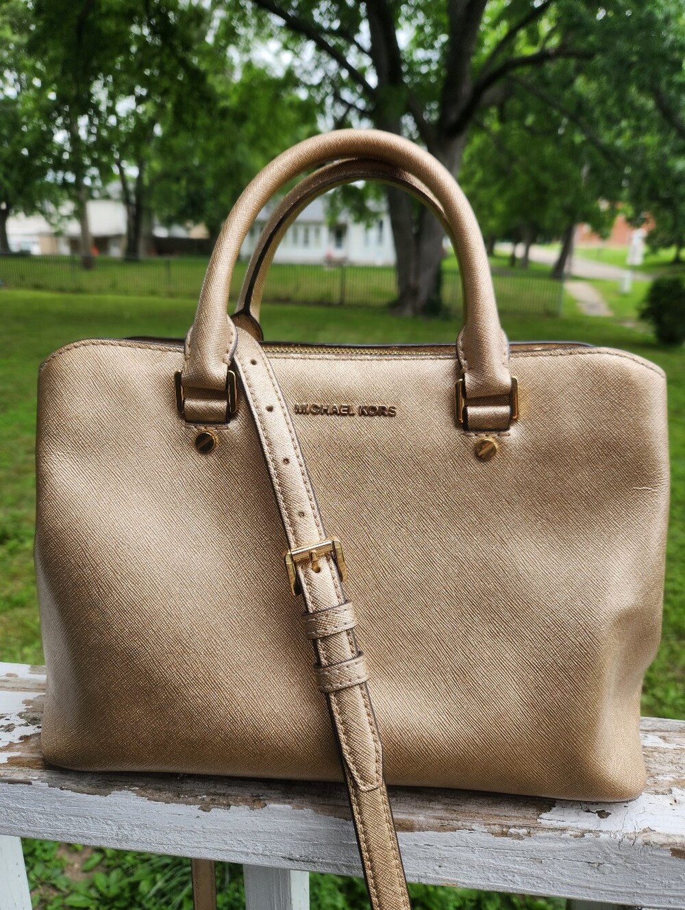 Michael Michael Kors Metallic Gold Leather Satchel Crossbody Preloved